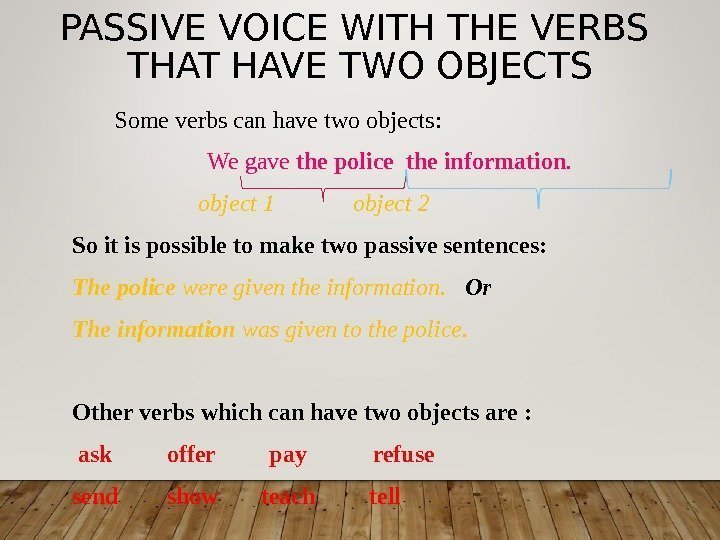 PASSIVE VOICE WITH THE VERBS THAT HAVE TWO OBJECTS   Some verbs can
