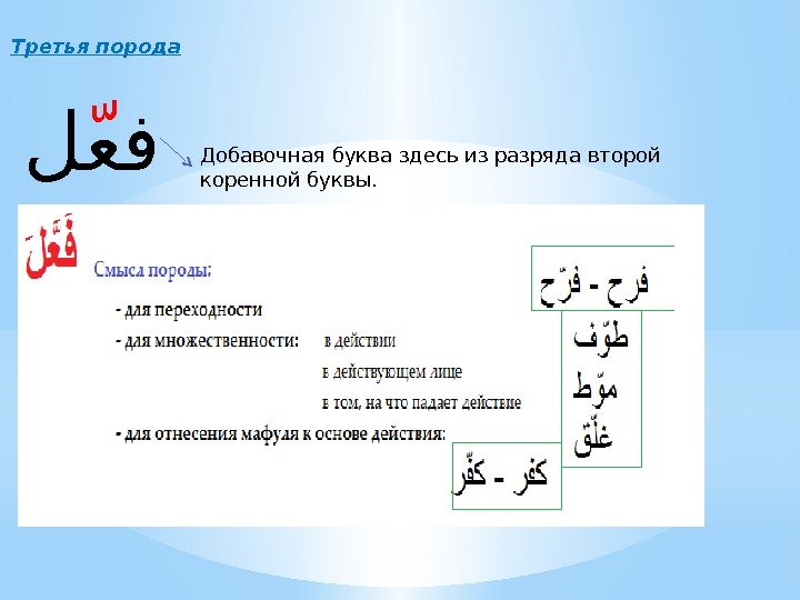 Третья порода عفعل Добавочная буква здесь из разряда второй коренной буквы.  