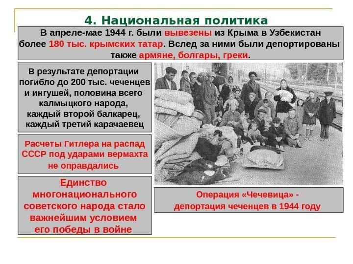4. Национальная политика В апреле-мае 1944 г. были вывезены из Крыма в Узбекистан более