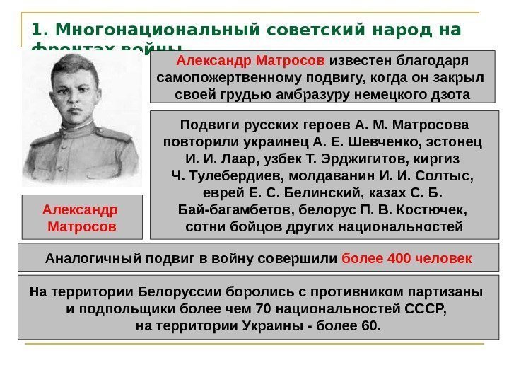 1. Многонациональный советский народ на фронтах войны Александр Матросов известен благодаря самопожертвенному подвигу, когда