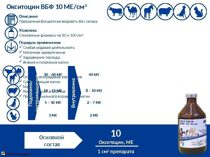 Окситоцин ВБФ 10 МЕ/см 3 Описание Прозрачная бесцветная жидкость без запаха Упаковка Стеклянные флаконы