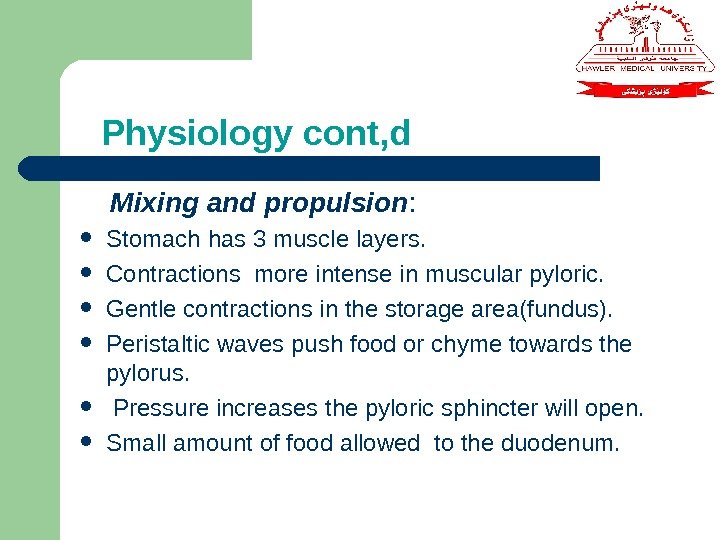  Physiology cont, d Mixing and propulsion :  Stomach has 3 muscle layers.
