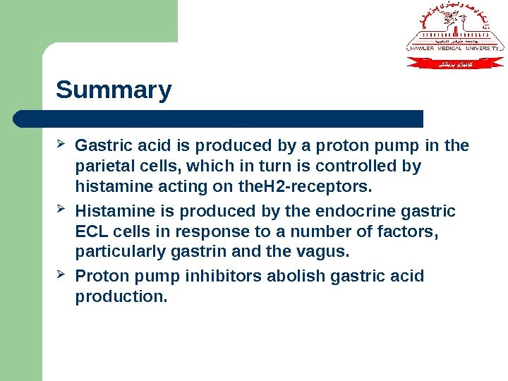 Summary Gastric acid is produced by a proton pump in the parietal cells, which