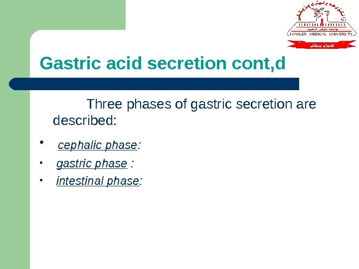 Gastric acid secretion cont, d   Three phases of gastric secretion are described: