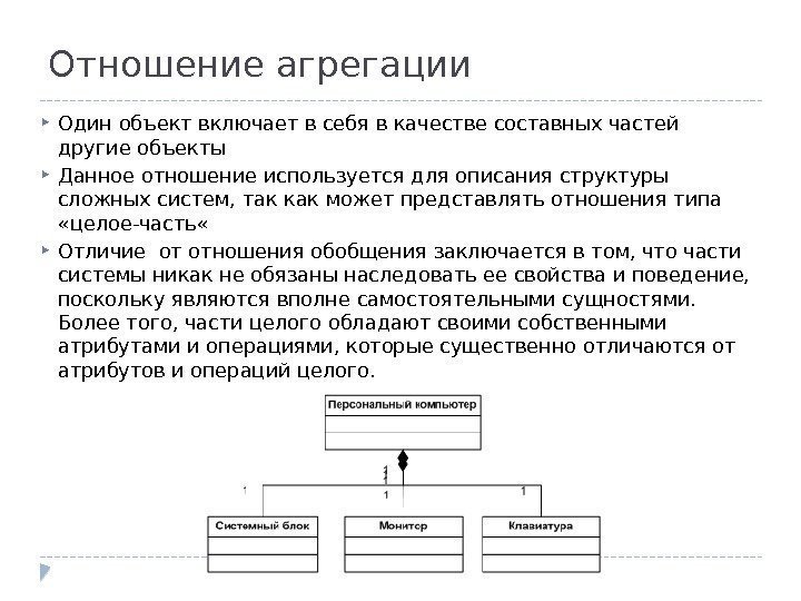 Отношение агрегации Один объект включает в себя в качестве составных частей другие объекты Данное