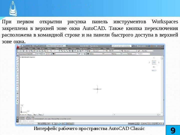 При первом открытии рисунка панель инструментов Workspaces закреплена в верхней зоне окна Auto. CAD.