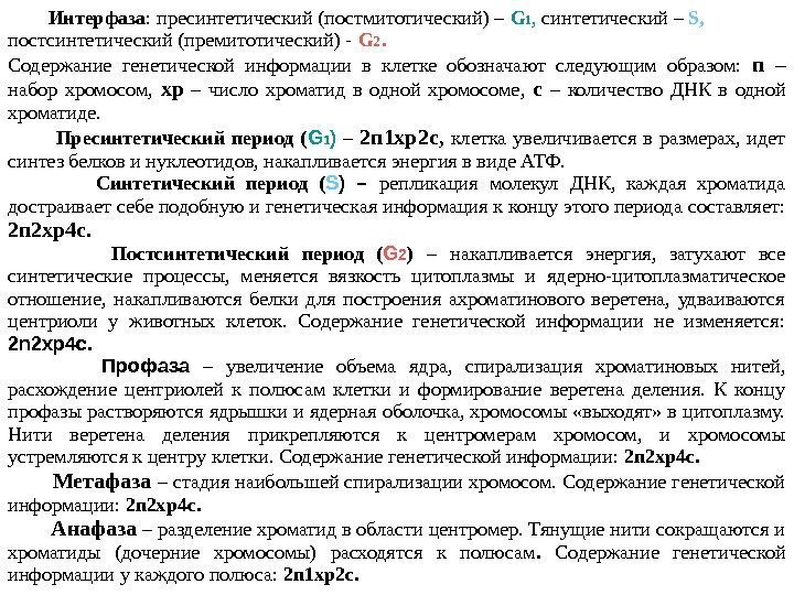    Интерфаза : пресинтетический (постмитотический) – G 1 ,  синтетический –