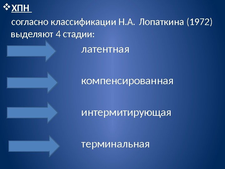  ХПН  согласно классификации Н. А. Лопаткина (1972) выделяют 4 стадии:  
