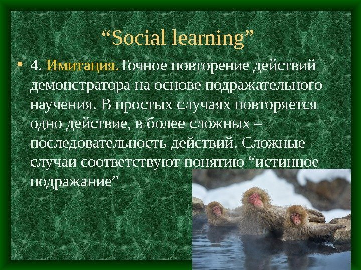 “ Social learning”  • 4.  Имитация. Точное повторение действий демонстратора на основе