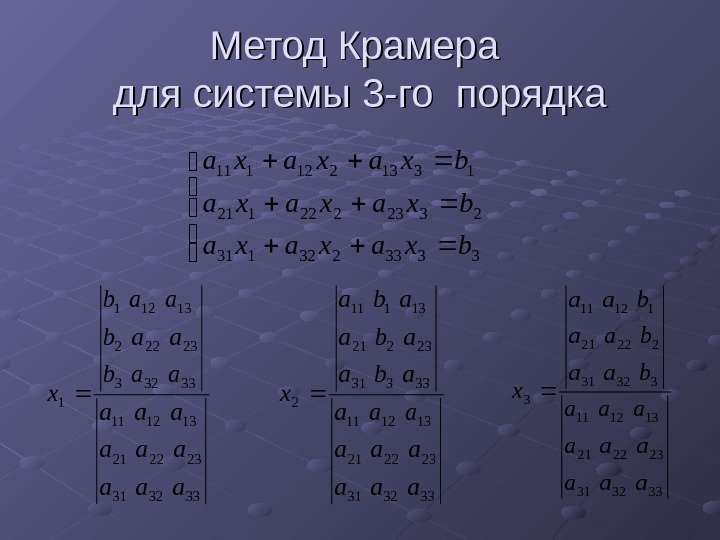  Метод Крамера для системы 3 -го порядка  3333232131 2323222121 1313212111 bxaxaxa 333231