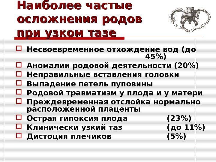 Наиболее частые осложнения родов при узком  тазе Несвоевременное отхождение вод (до 45) Аномалии