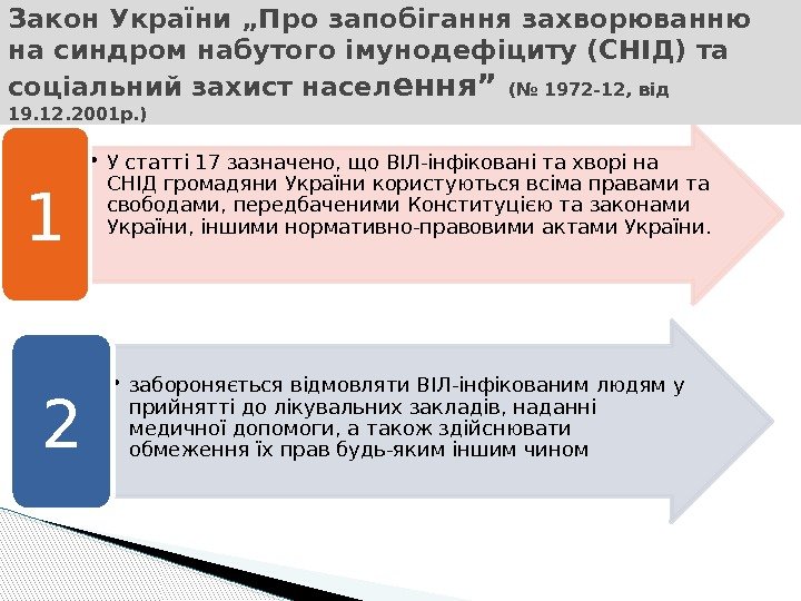  • У статті 17 зазначено, що ВІЛ-інфіковані та хворі на СНІД громадяни України