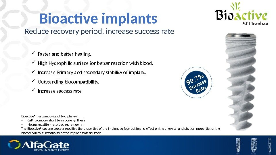 Bioactive implants Reduce recovery period, increase success rate Bioactive® is a composite of two