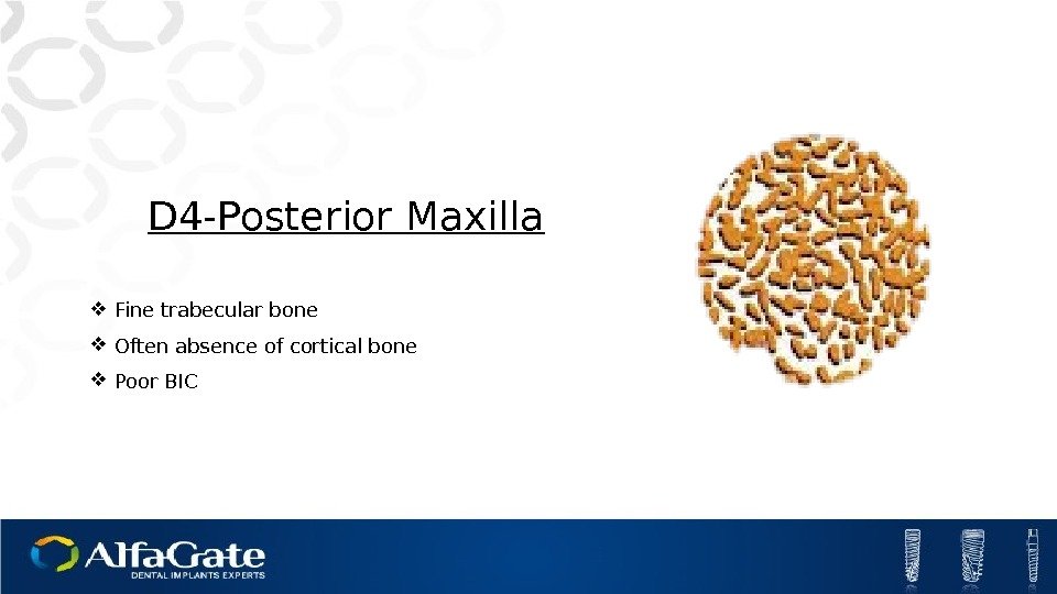 D 4 -Posterior Maxilla Fine trabecular bone Often absence of cortical bone Poor BIC
