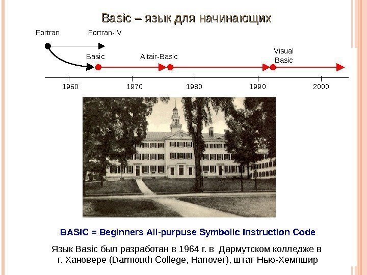 Basic– языкдляначинающих BASIC = Beginners All-purpuse Symbolic Instruction Code Язык. Basicбылразработанв 1964 г. в.