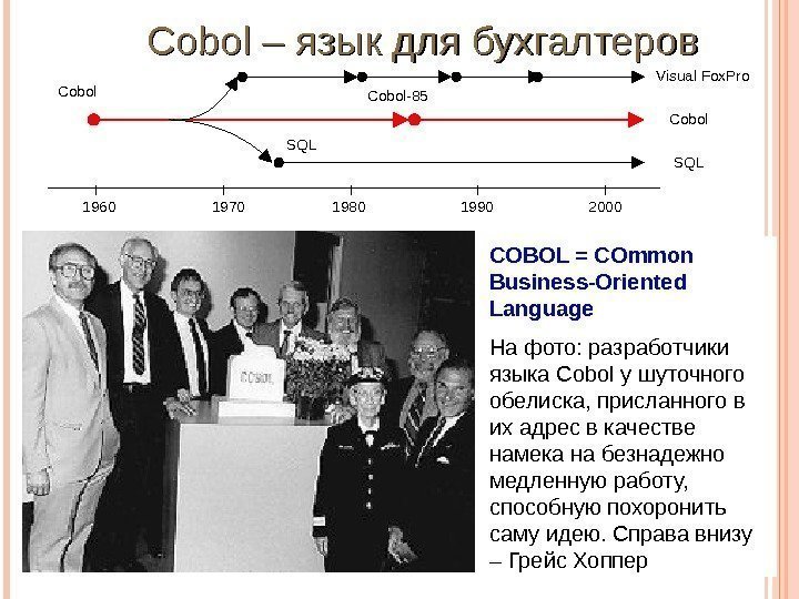 Cobol– языкдлябухгалтеров COBOL = COmmon Business-Oriented Language Нафото: разработчики языка Cobol ушуточного обелиска, присланногов