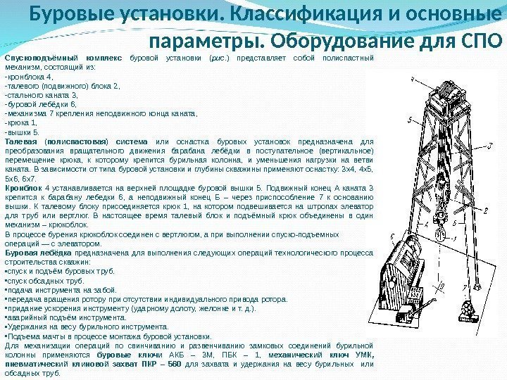 Буровые установки. Классификация и основные параметры. Оборудование для СПО Спускоподъёмный комплекс буровой установки (