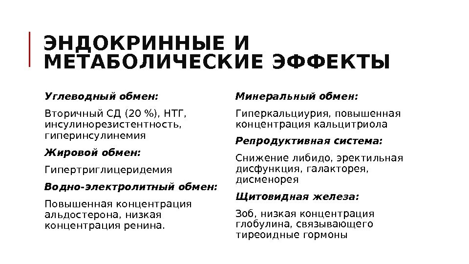 ЭНДОКРИННЫЕ И МЕТАБОЛИЧЕСКИЕ ЭФФЕКТЫ  Углеводный обмен:  Вторичный СД (20 ), НТГ, 