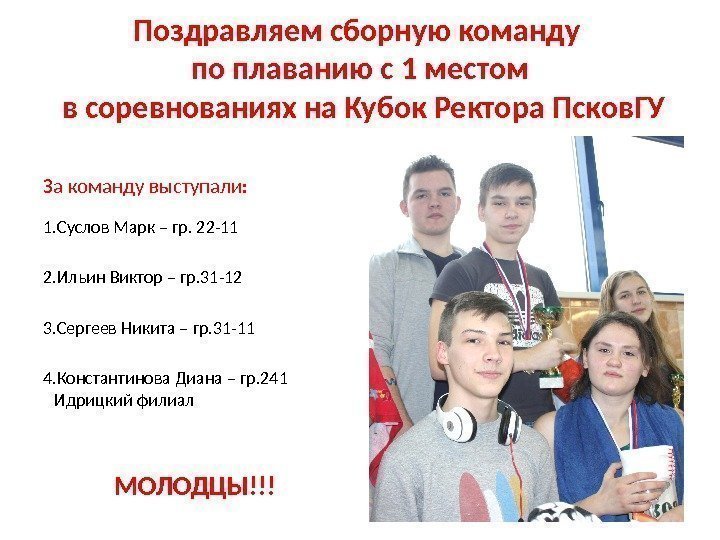 Поздравляем сборную команду по плаванию с 1 местом в соревнованиях на Кубок Ректора Псков.