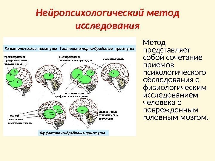 Нейропсихологический  метод исследования Метод представляет собой сочетание приемов психологического обследования с физиологическим исследованием