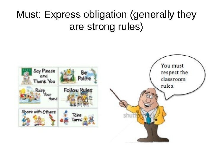 Must: Express obligation (generally they are strong rules) 