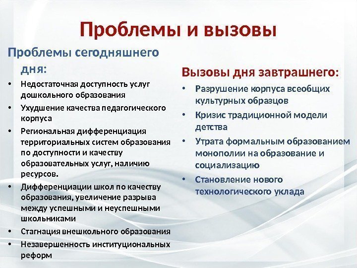 Проблемы и вызовы Проблемы сегодняшнего дня:  • Недостаточная доступность услуг дошкольного образования •