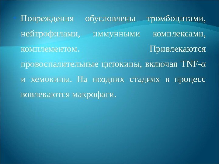  Повреждения обусловлены тромбоцитами,  нейтрофилами,  иммунными комплексами,  комплементом.  Привлекаются провоспалительные