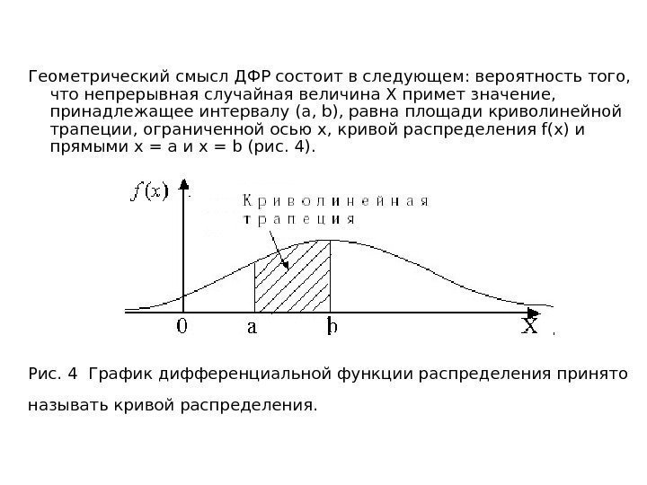 Геометрический смысл ДФР состоит в следующем: вероятность того,  что непрерывная случайная величина X