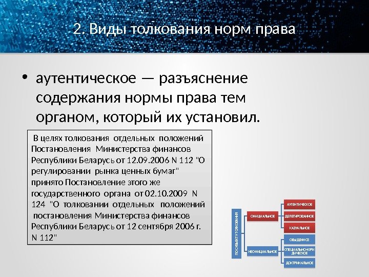 2. Виды толкования норм права • аутентическое — разъяснение содержания нормы права тем органом,