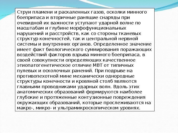 Струи пламени и раскаленных газов, осколки минного боеприпаса и вторичные ранящие снаряды при очевидной