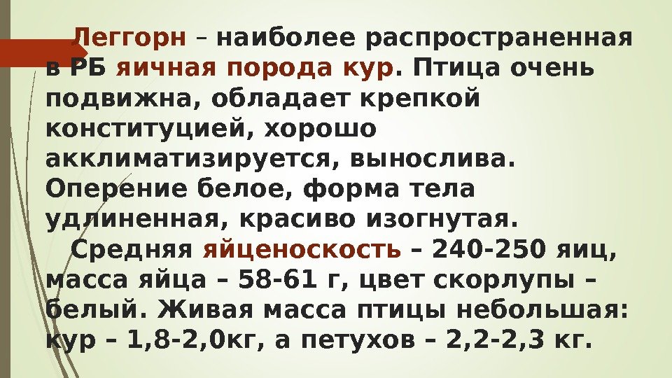 Леггорн – наиболее распространенная в РБ яичная порода кур. Птица очень подвижна, обладает крепкой