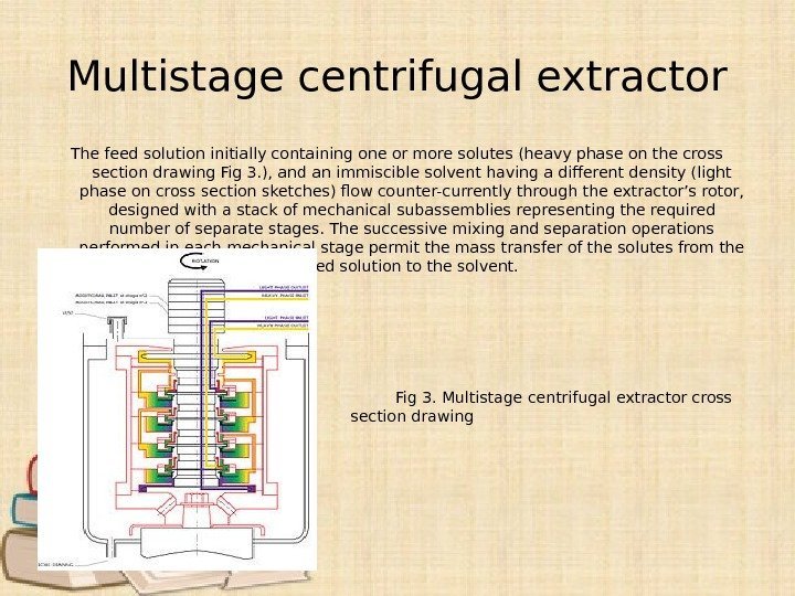 Multistage centrifugal extractor The feed solution initially containing one or more solutes (heavy phase