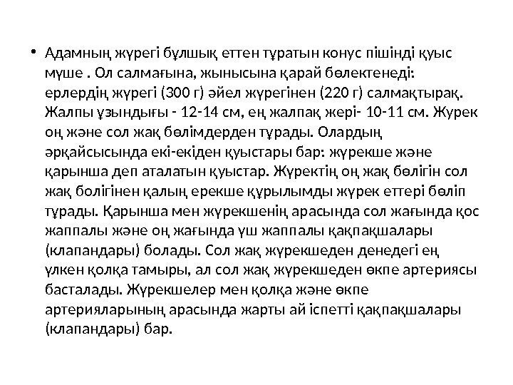  • Адамның жүрегі бұлшық еттен тұратын конус пішінді қуыс мүше. Ол салмағына, жынысына