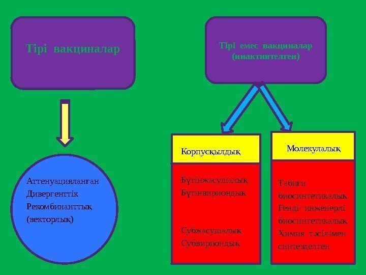 Тірі вакциналар Тірі емес вакциналар (инактивтелген) Аттенуациялан анғ Дивергенттік Рекомбинантты қ (векторлы ) қ