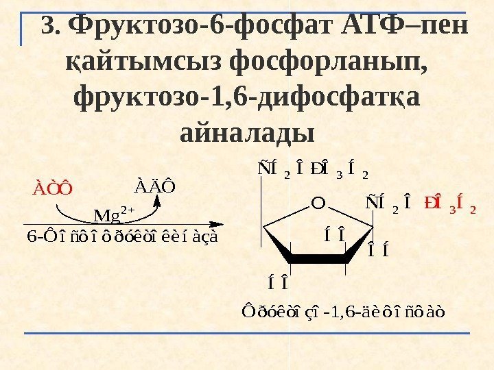 3.  Фруктозо-6 -фосфат АТФ–пен айтымсыз фосфорланып, қ фруктозо-1, 6 -дифосфат а қ айналады