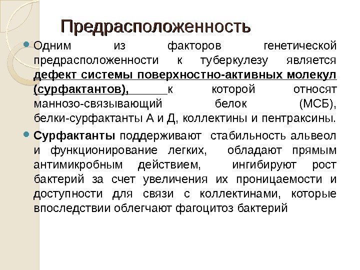 Предрасположенность Одним из факторов генетической предрасположенности к туберкулезу является дефект системы поверхностно-активных молекул (сурфактантов),
