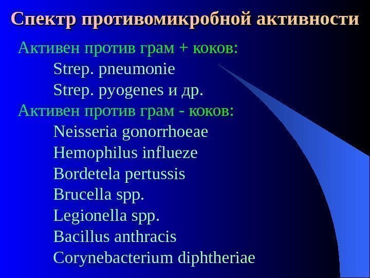  Спектр противомикробной активности Активен против грам + коков: Strep.  pneumonie Strep. 
