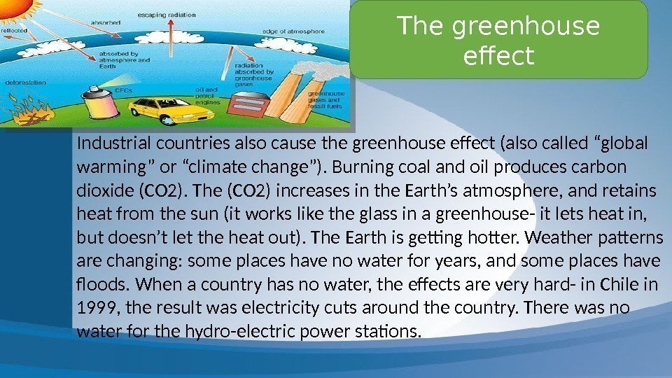 The greenhouse effect Industrial countries also cause the greenhouse effect (also called “global warming”