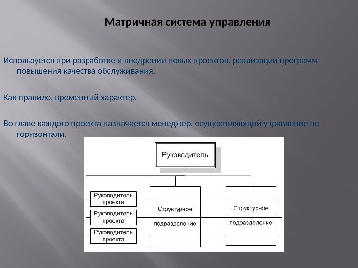 Матричная система управления Используется при разработке и внедрении новых проектов, реализации программ повышения качества