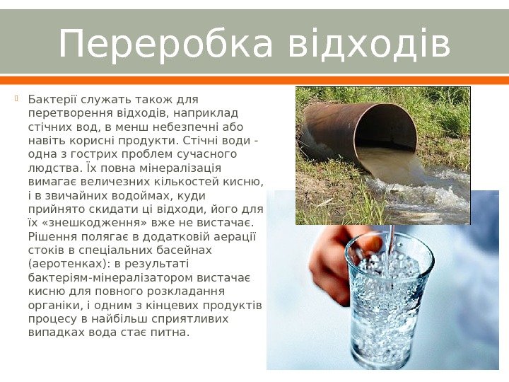 Переробка відходів Бактерії служать також для перетворення відходів, наприклад стічних вод, в менш небезпечні