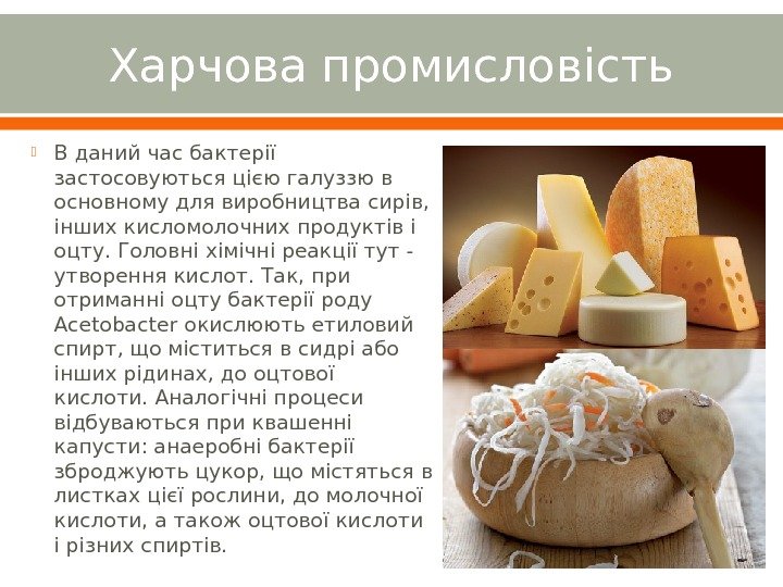 Харчова промисловість В даний час бактерії застосовуються цією галуззю в основному для виробництва сирів,