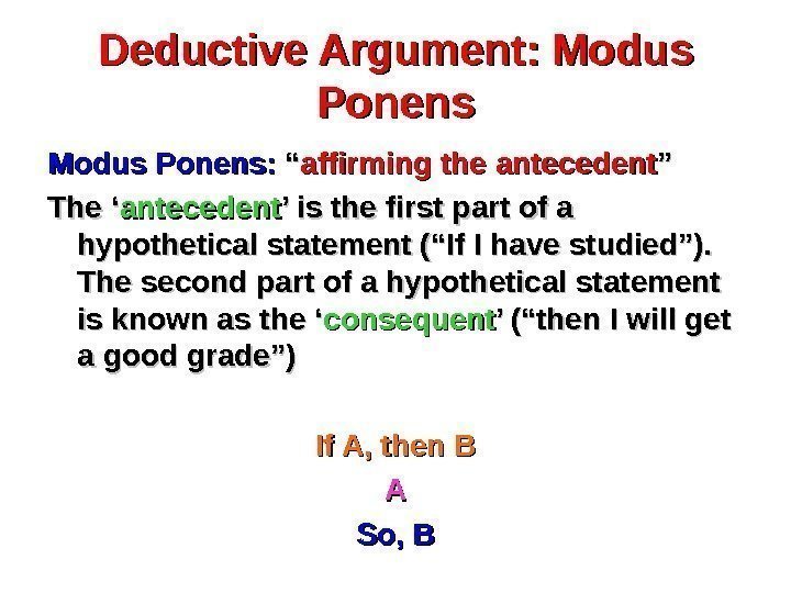 Deductive Argument: Modus Ponens:  ““ affirming the  antecedent ”” The ‘ antecedent