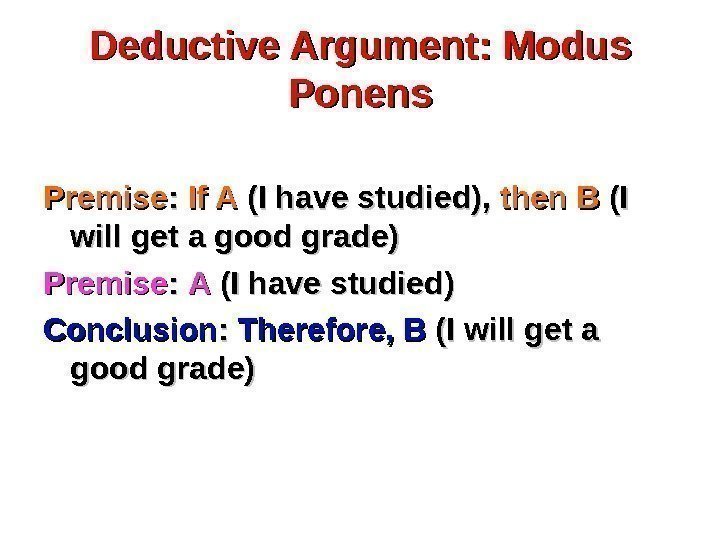 Deductive Argument: Modus Ponens Premise : :  If A (I have studied), 