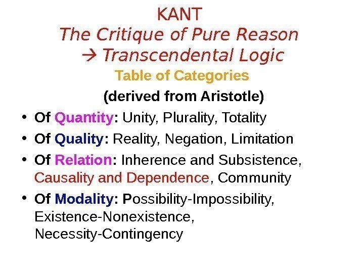 KANT The Critique of Pure Reason  Transcendental Logic Table of Categories  (derived