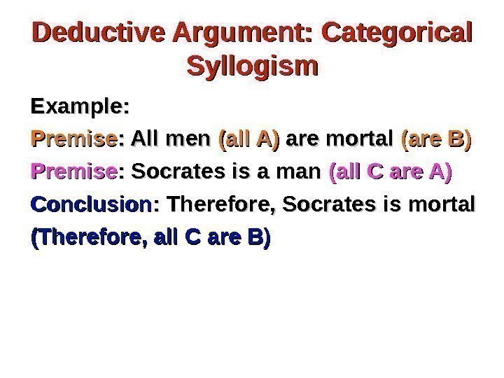 Deductive Argument: Categorical Syllogism Example: Premise : All men (all A) are mortal (are
