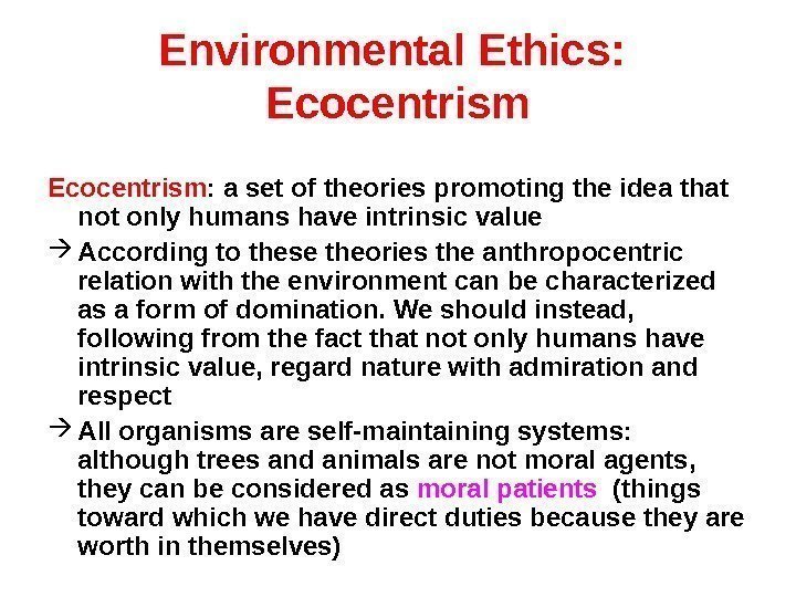 Environmental Ethics:  Ecocentrism : a set of theories promoting the idea that not