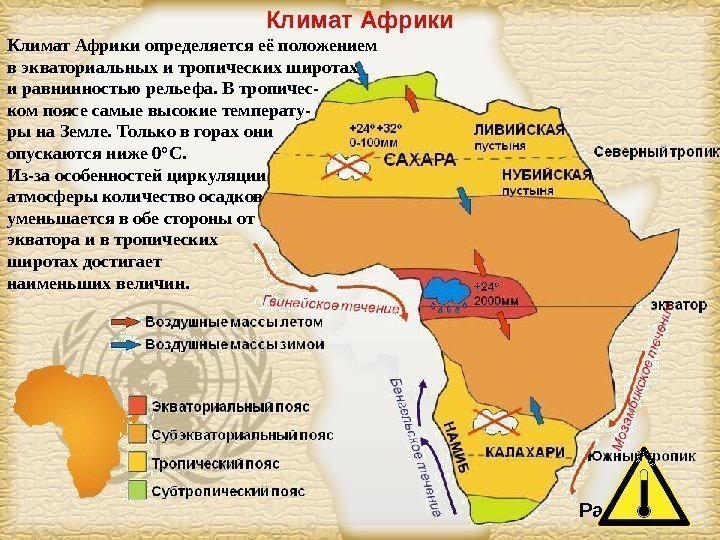 Page 10 Климат Африки определяется её положением в экваториальных и тропических широтах и равнинностью