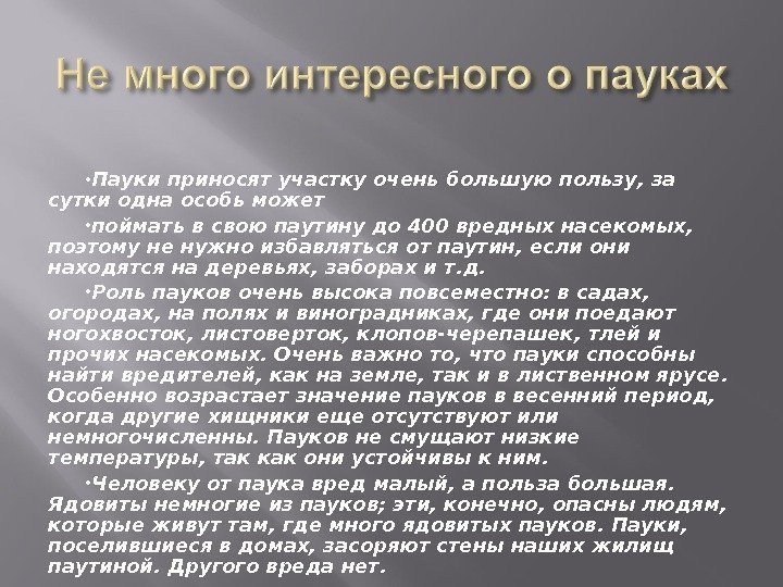  Пауки приносят участку очень большую пользу, за сутки одна особь может поймать в