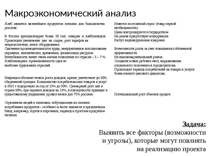 Макроэкономический анализ Хлеб является важнейшим продуктом питания для большинства  россиян. В России функционирует