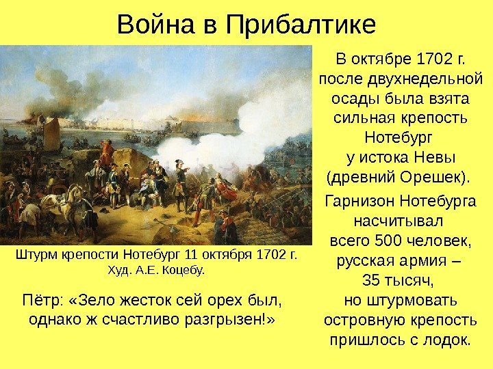 Война в Прибалтике В октябре 1702 г.  после двухнедельной осады была взята сильная